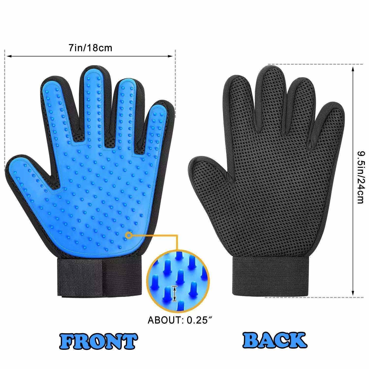 Blue and black pet grooming gloves with silicone tips for deshedding and massage, breathable mesh back, adjustable wrist strap, 7x9.5 inches.