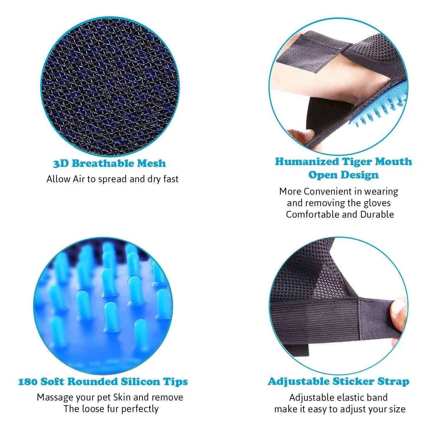 Blue pet grooming gloves with 3D breathable mesh, 180 silicone massage tips, adjustable strap, and ergonomic open design for deshedding and massaging pets.
