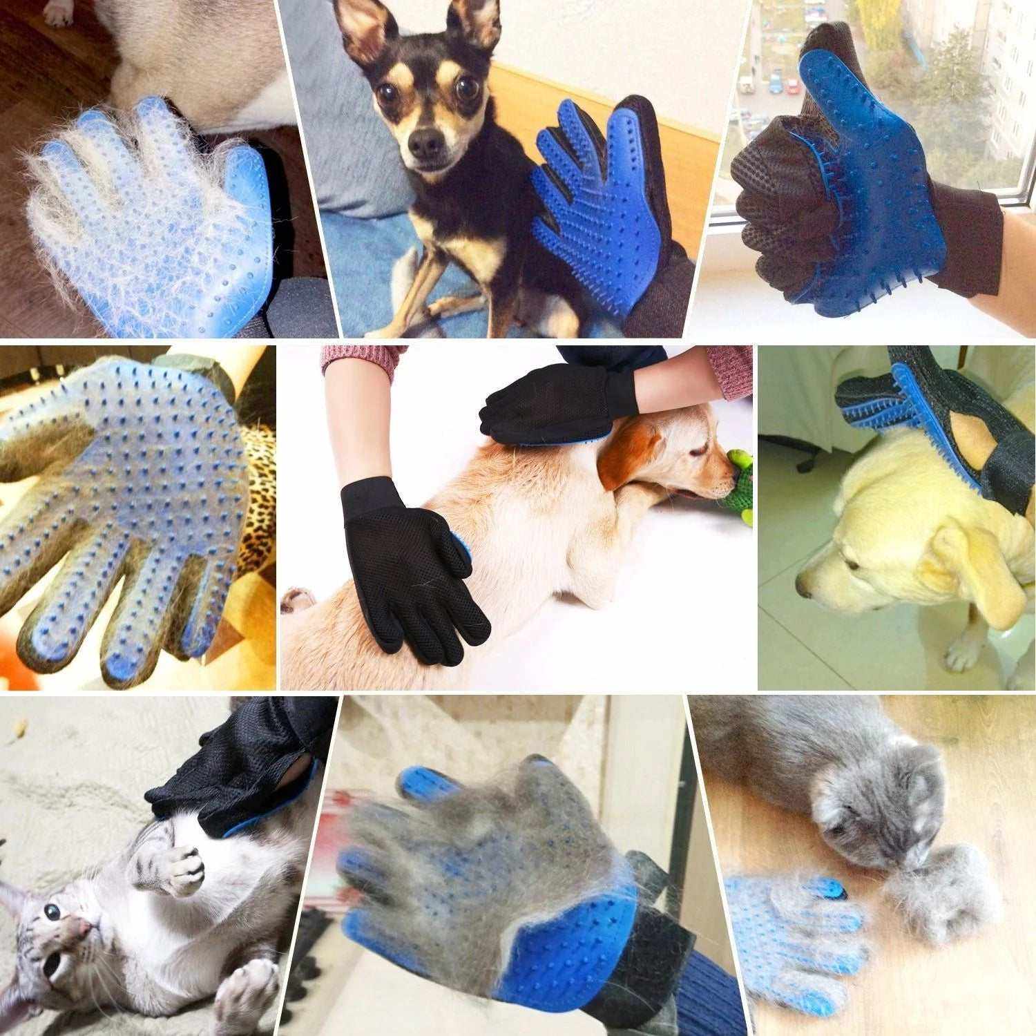 Blue and black pet grooming gloves with silicone tips for gentle deshedding and fur removal from dogs and cats