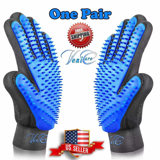 Blue and black deshedding gloves with silicone grooming tips for pet hair removal and massage