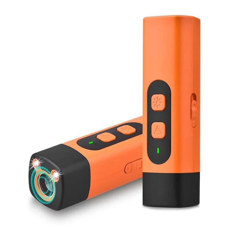 Orange and black Bark Eliminator device with buttons and LED lights for humane dog bark training